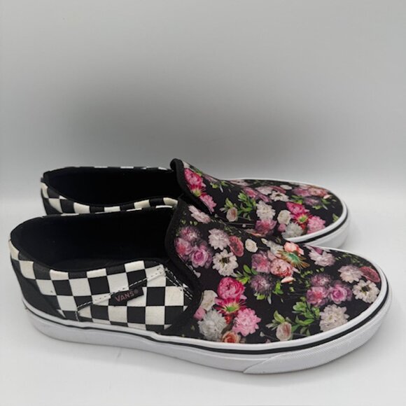 Vans Women's Classic Slip-On Black and White Check / Floral Size 9 - Picture 2 of 8